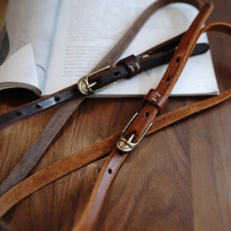 

Vintage Vegetable Tanned Top Layer Leather Belt for Women Thin Genuine Leather Waist Belt for Dresses Brass Buckle Fashion Belt