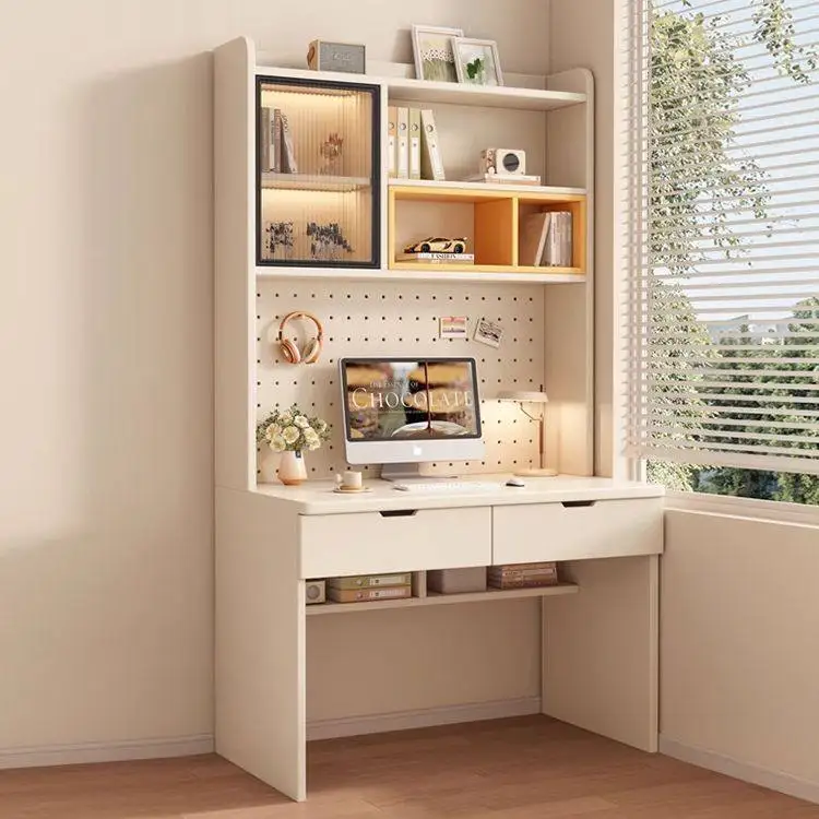 Solid wood desk bookshelf integrated small apartment bedroom household computer with hole board student learning bedside table
