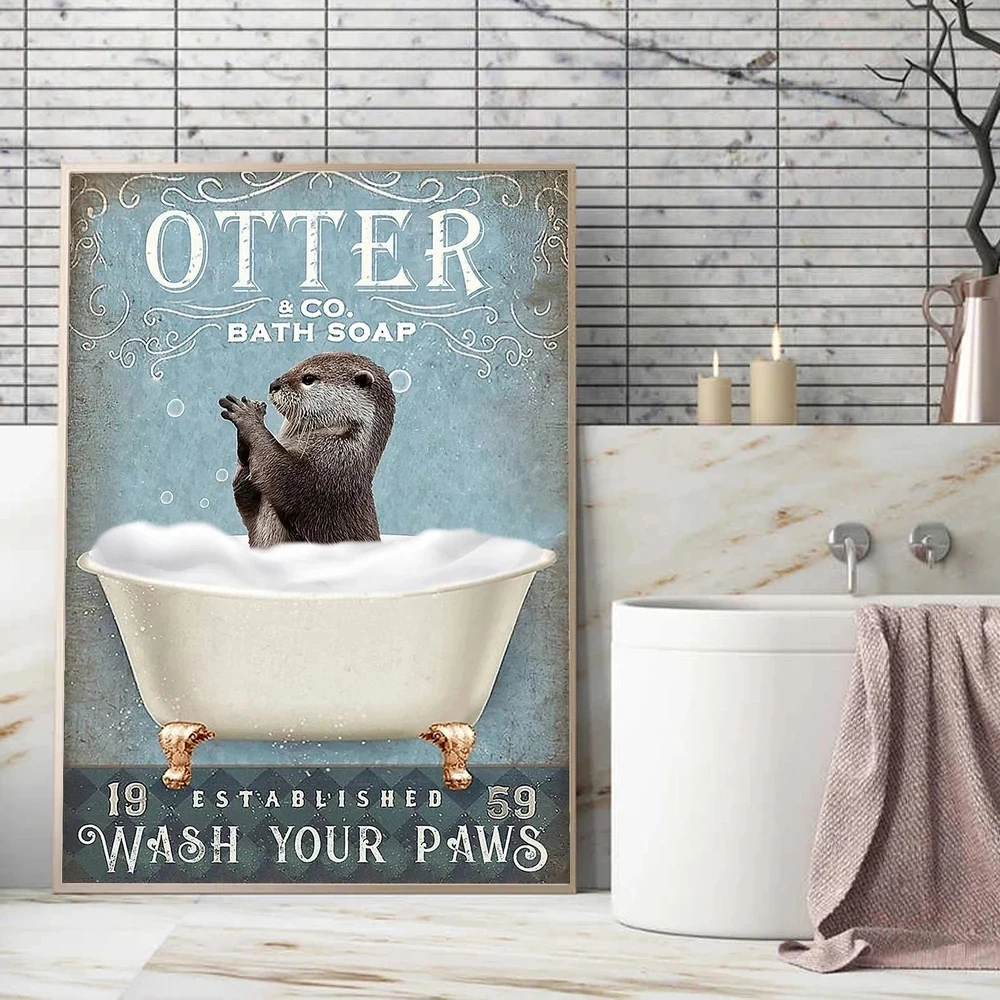 Animal Bathroom Canvas Poster Otter Bath Soap Abstract Wall Art Wash Your Paws Print Picture for Bathroom Toilet Home Decore