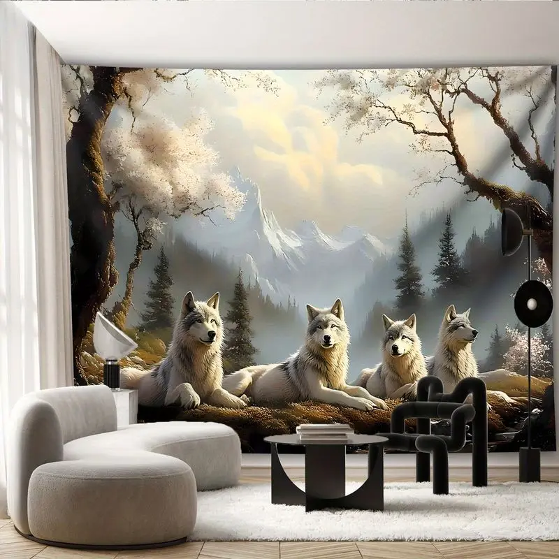 VIKAMA Artistic Snow Mountain Forest Grey Wolf Natural Oil Painting Tapestry, Rustic Wall Art for Bedroom Living Room