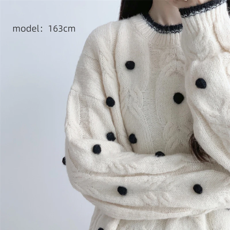 Women\'s  Twist Polka Dot Loose Sweater 2024Autumn Winter Korean Fashion Casual Pullover Women Clothes