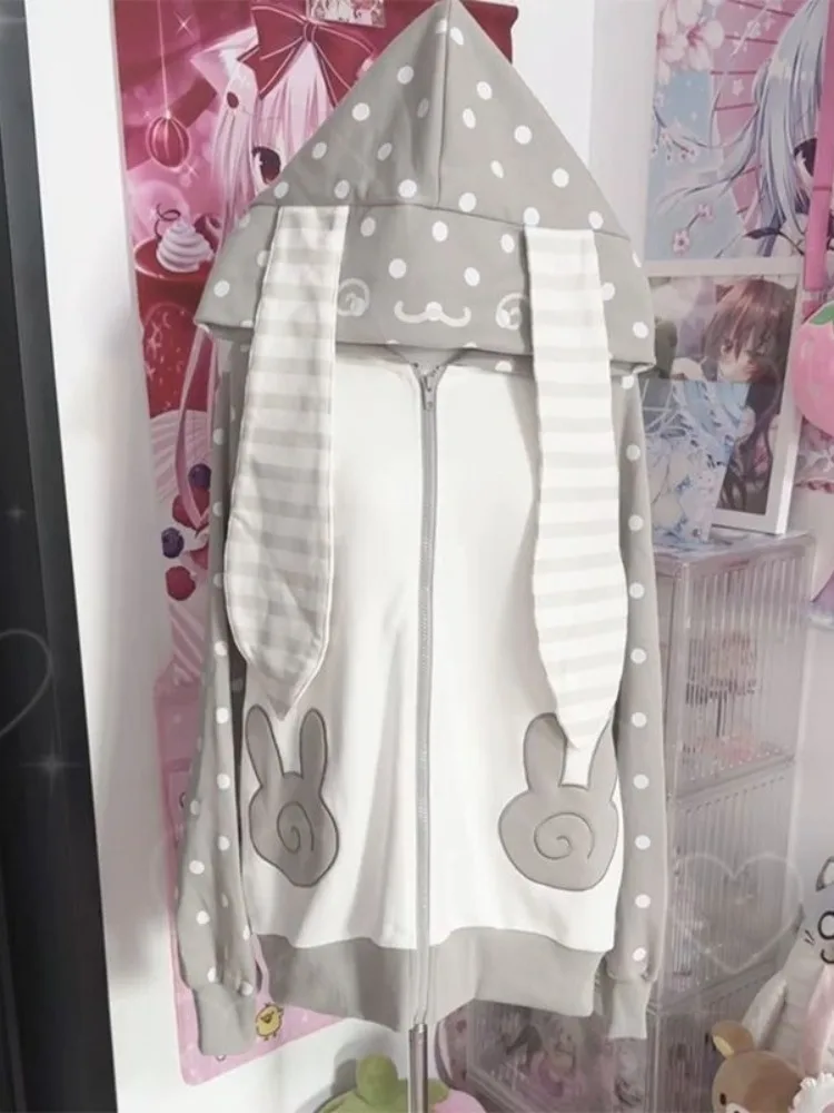 

Hikigawa Women Japanese Style Cute Sweet Soft Girl Coats Casual Polka Dot Lace Patchwork Polka Dot Hoodie Jackets Tops Mujer