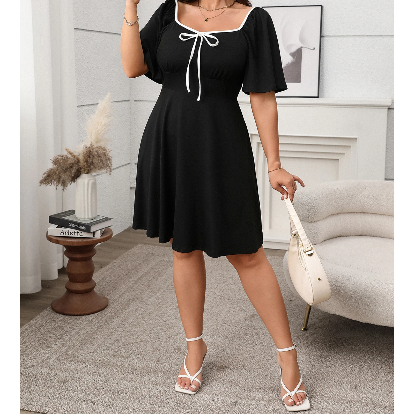 Gaun lengan pendek wanita gaun pesta ukuran besar pita warna kontras musim panas kasual untuk pakaian jalanan koktail