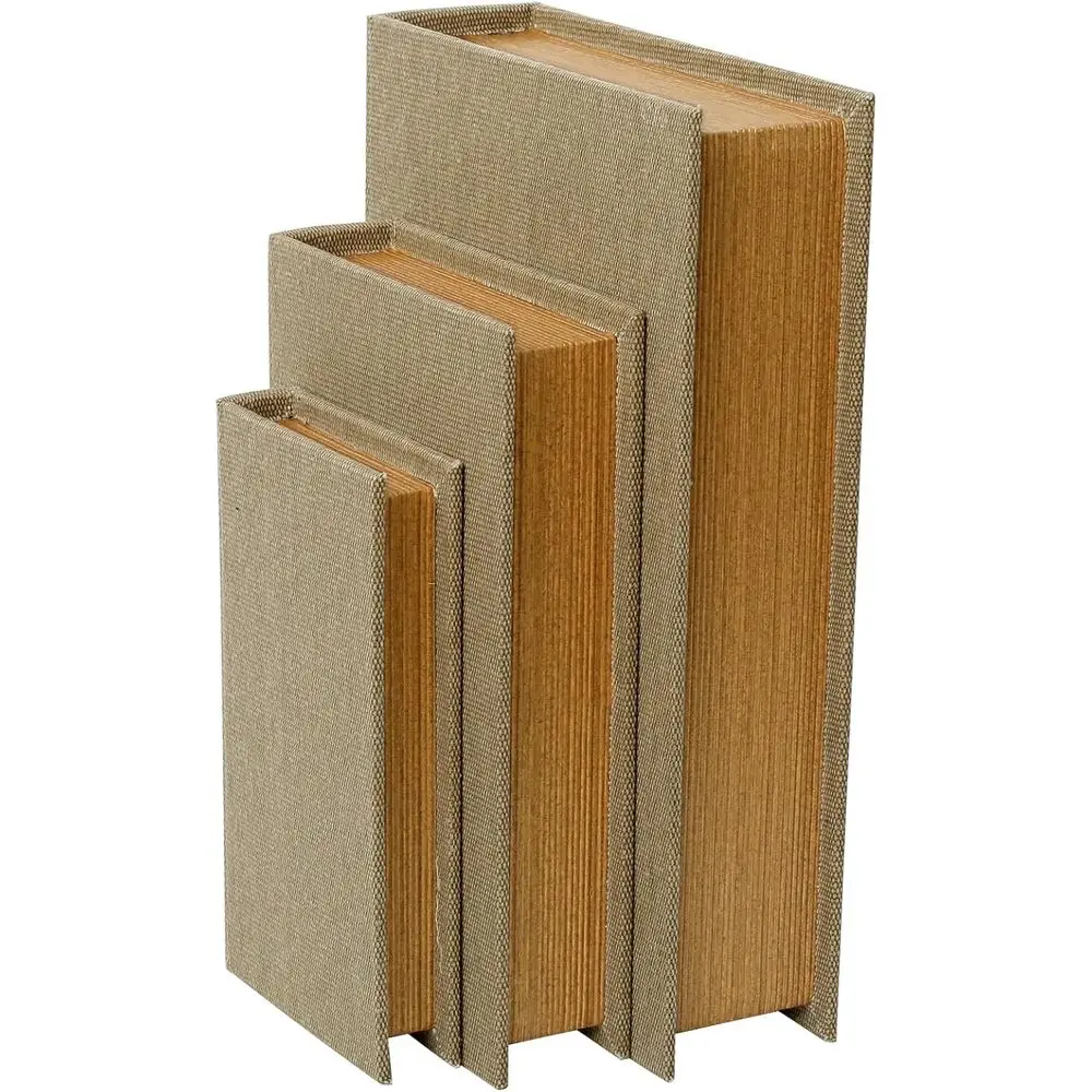 Juego de 3 Cajas Decorativas para Libros – Mesa Auxiliar de Lino y Madera con Almacenamiento Oculto o Mesa de Centro – Apilables como Libros o Decoración de Estantes, para Control Remoto