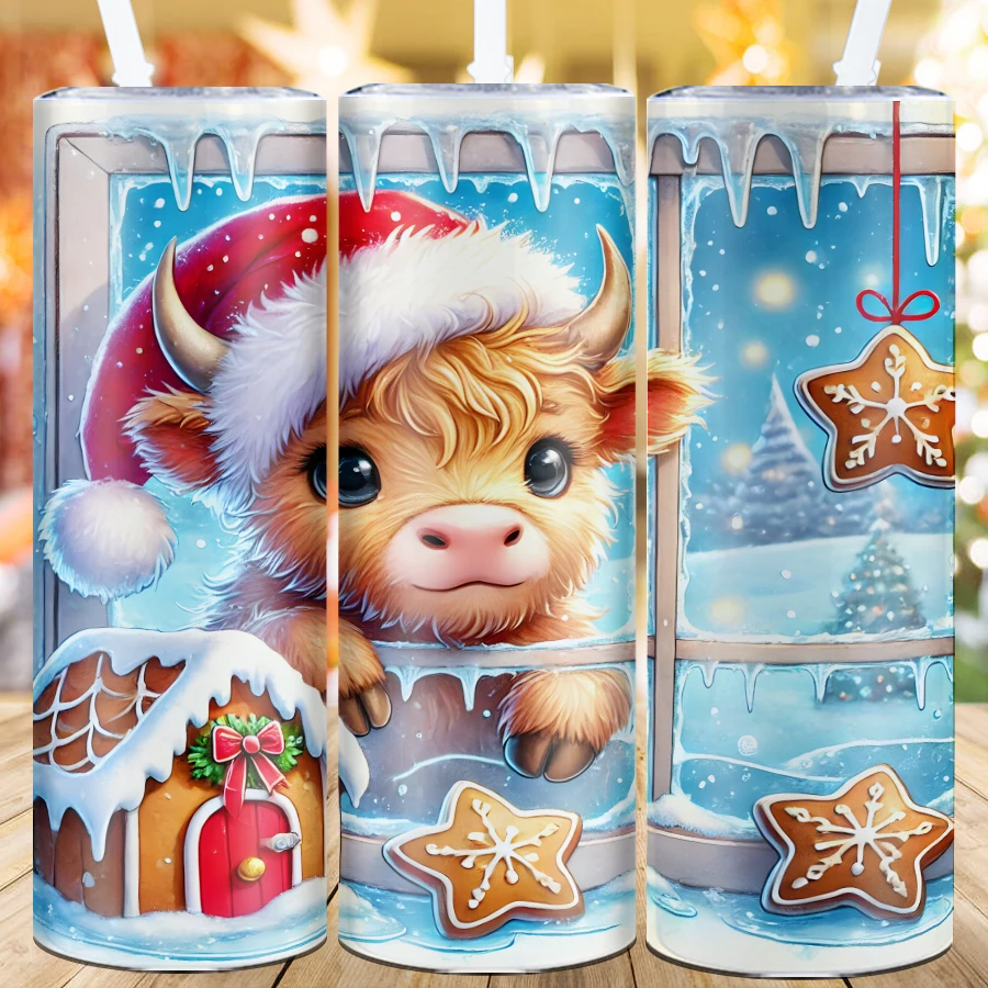 1Pc Party Coffee Bottle Straw Lid 3D Print Highland Cow Party Tumblers 20oz Skinny Hot Cold Straight Drink Mug Festive Decors