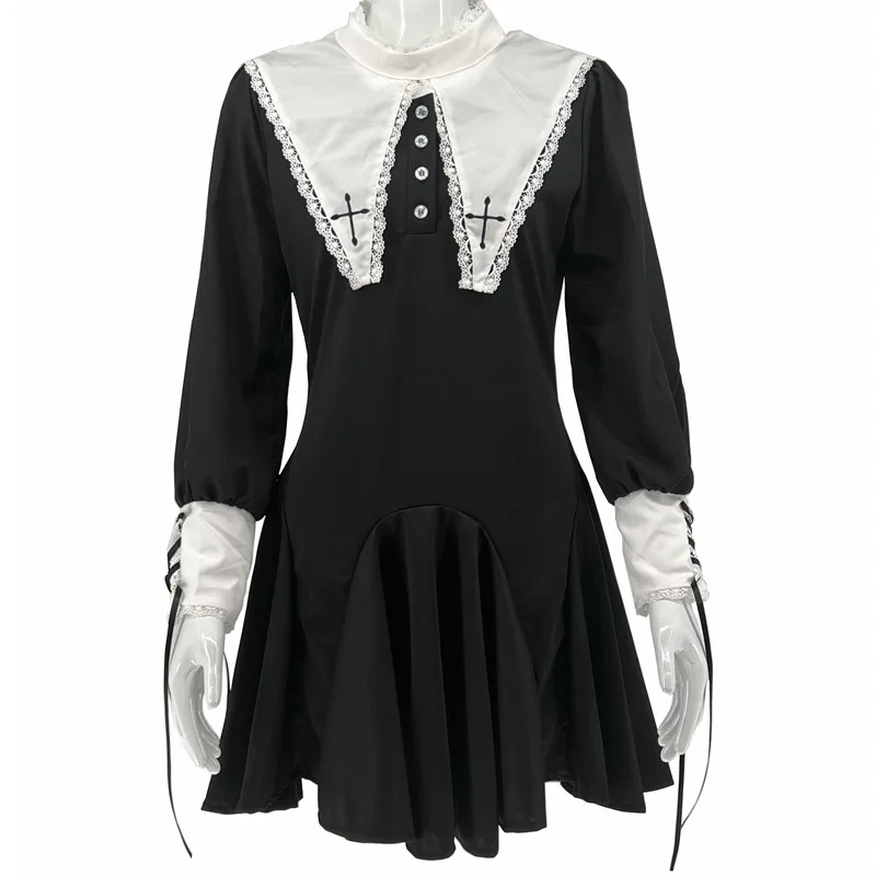 Gothic Lolita Dress Girl Lace Women Cross Pattern Embroidery Cosplay Party Long Sleeve Nun Sister Dress