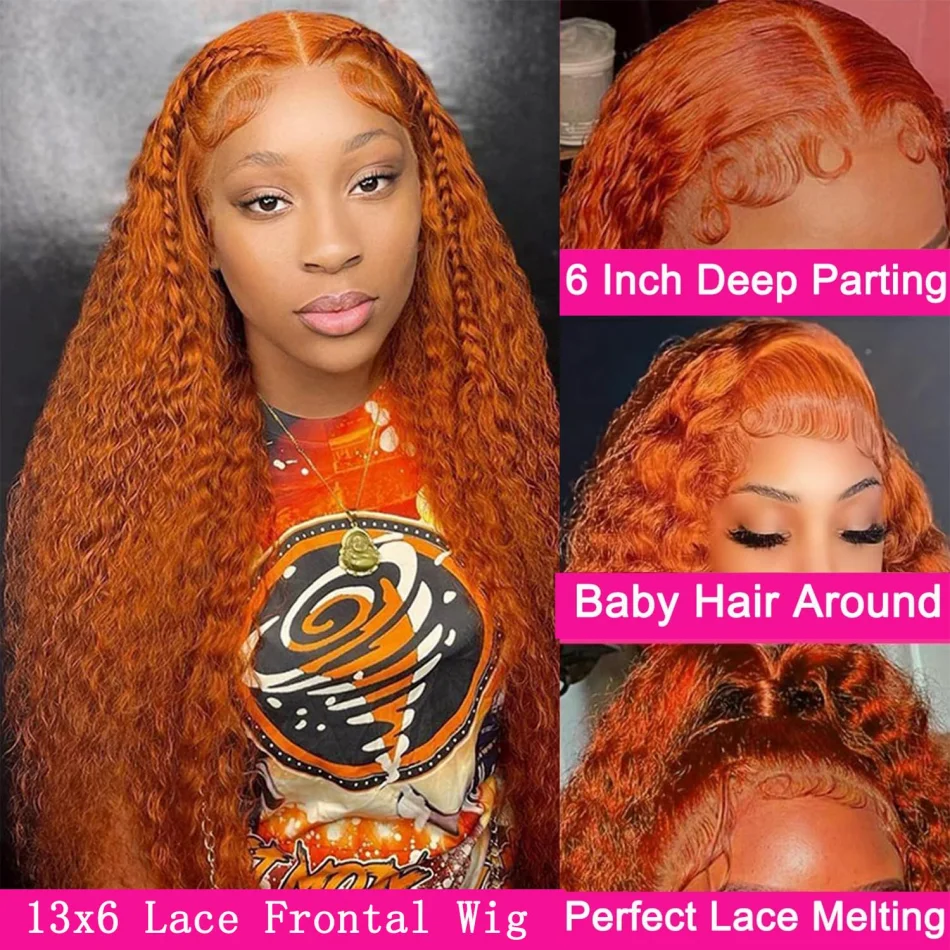 Ginger Deep Wave Human Hair Wigs 13X6 Hd Lace Frontal Human Hair Wigs 230 Density Brazilian Hair Colored Lace Front Wigs 30 Inch image 3