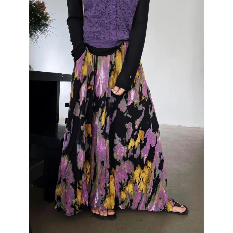 プリーツ加工のレトロな肉感遮蔽ハーフスカート 2025年新作 ファッション スリムプリントロングスカート