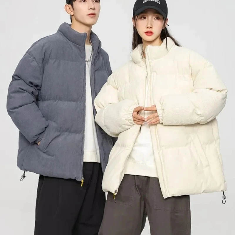 

Thicken White Corduroy Puffer Coat Women Fashion Solid Stand Collar Parkas Casual Warm Female Cotton Down Padded Zipper Jackets