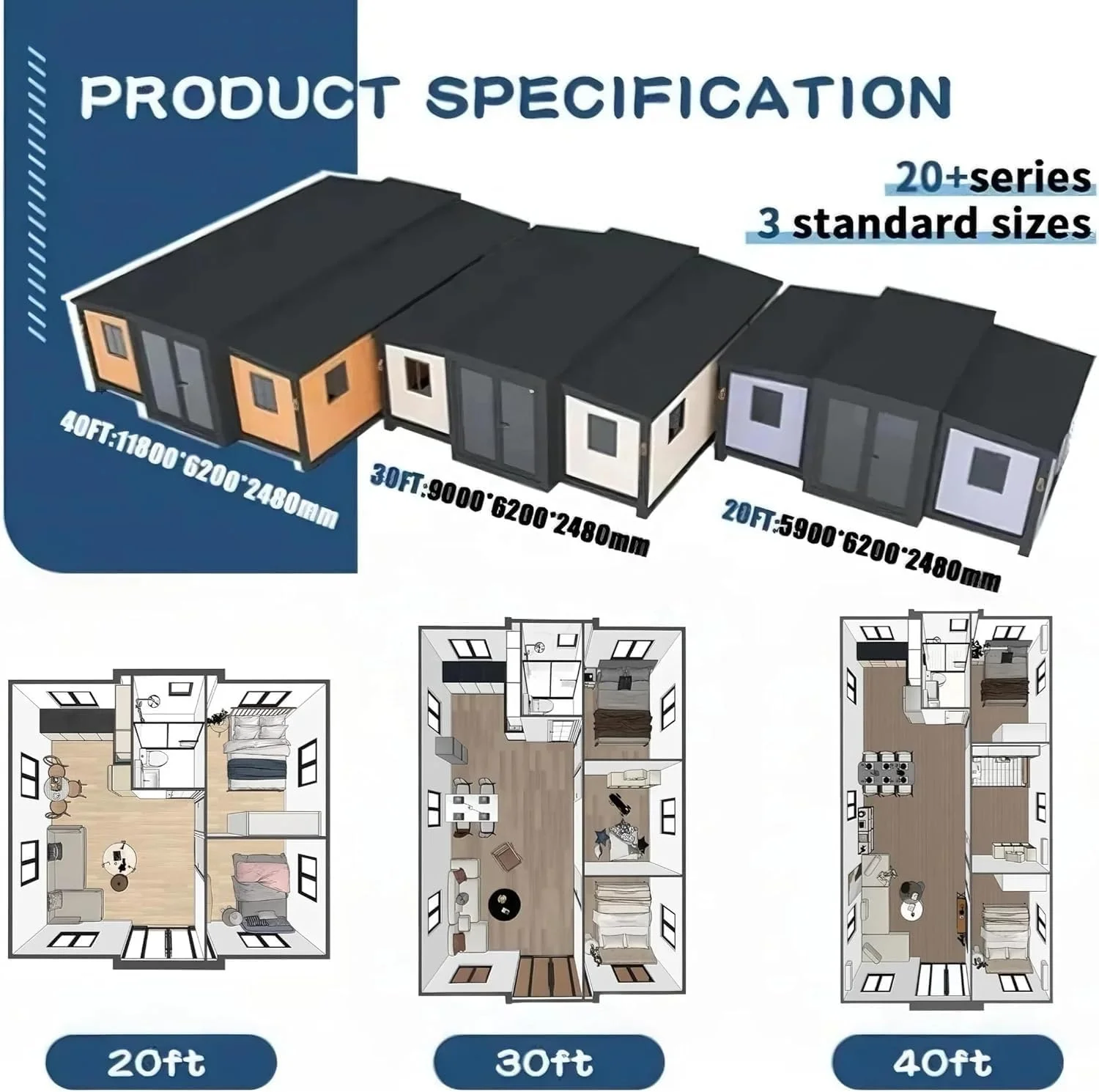 Quickly Assemble Expandable 20ft Foldable Sandwich Panel Container Houses Two Bedroom Suites Living Rooms Family Luxury Villas