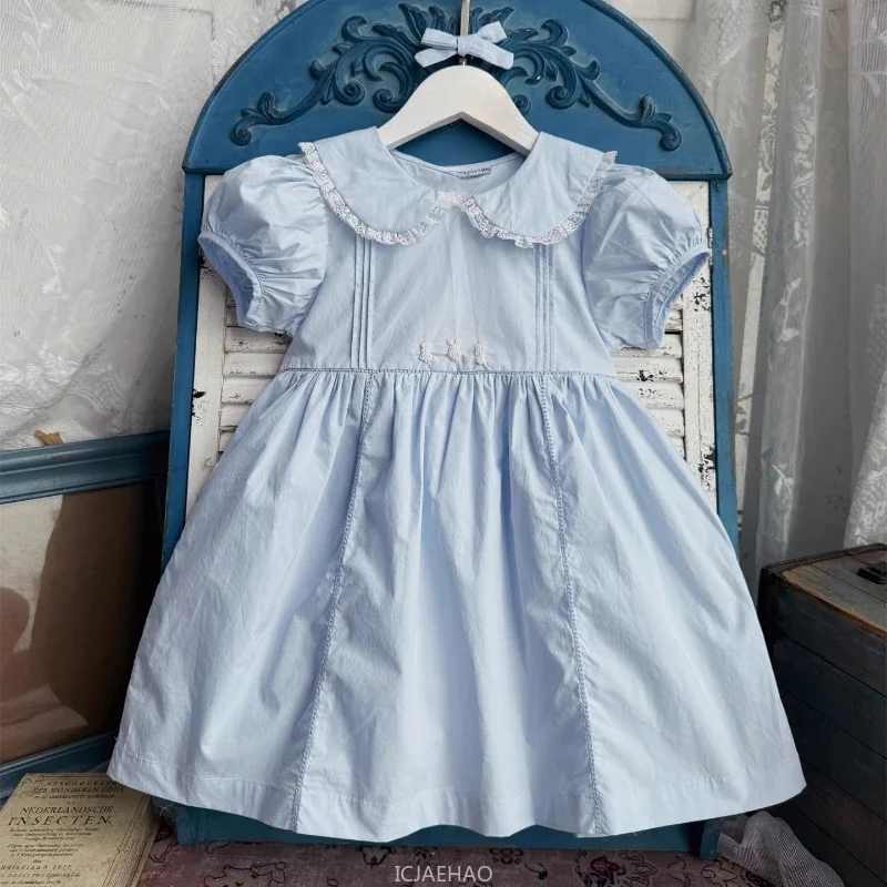 

Teen Girl Clothes 2025 Children Vintage Kids Girls Short Sleeve Dress Korean Simple Costume Light Blue Hand Embroidered Dresses