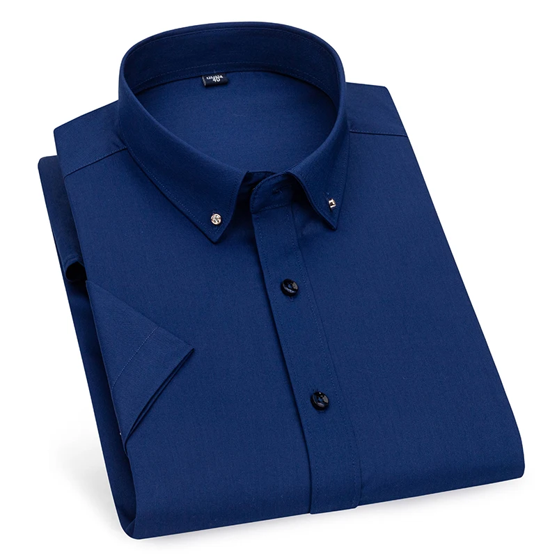 New in shirt Drilling buckle short sleeve shirts for men slim fit formal plain shirt elastic solid color designer office clothes