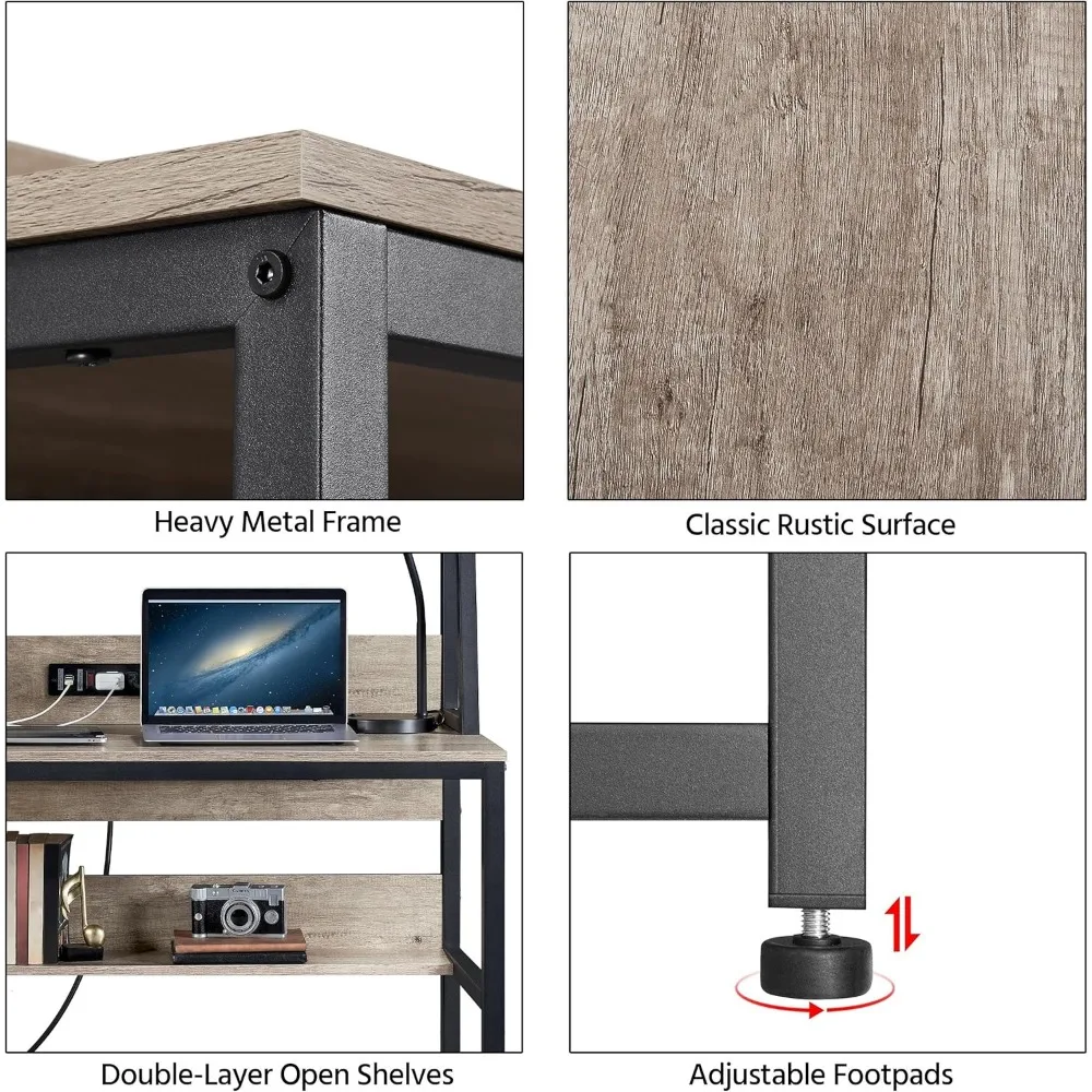 47" Study and Gaming Computer Desk with Power Outlets and USB Ports - Home Office Writing Table with Charging Features