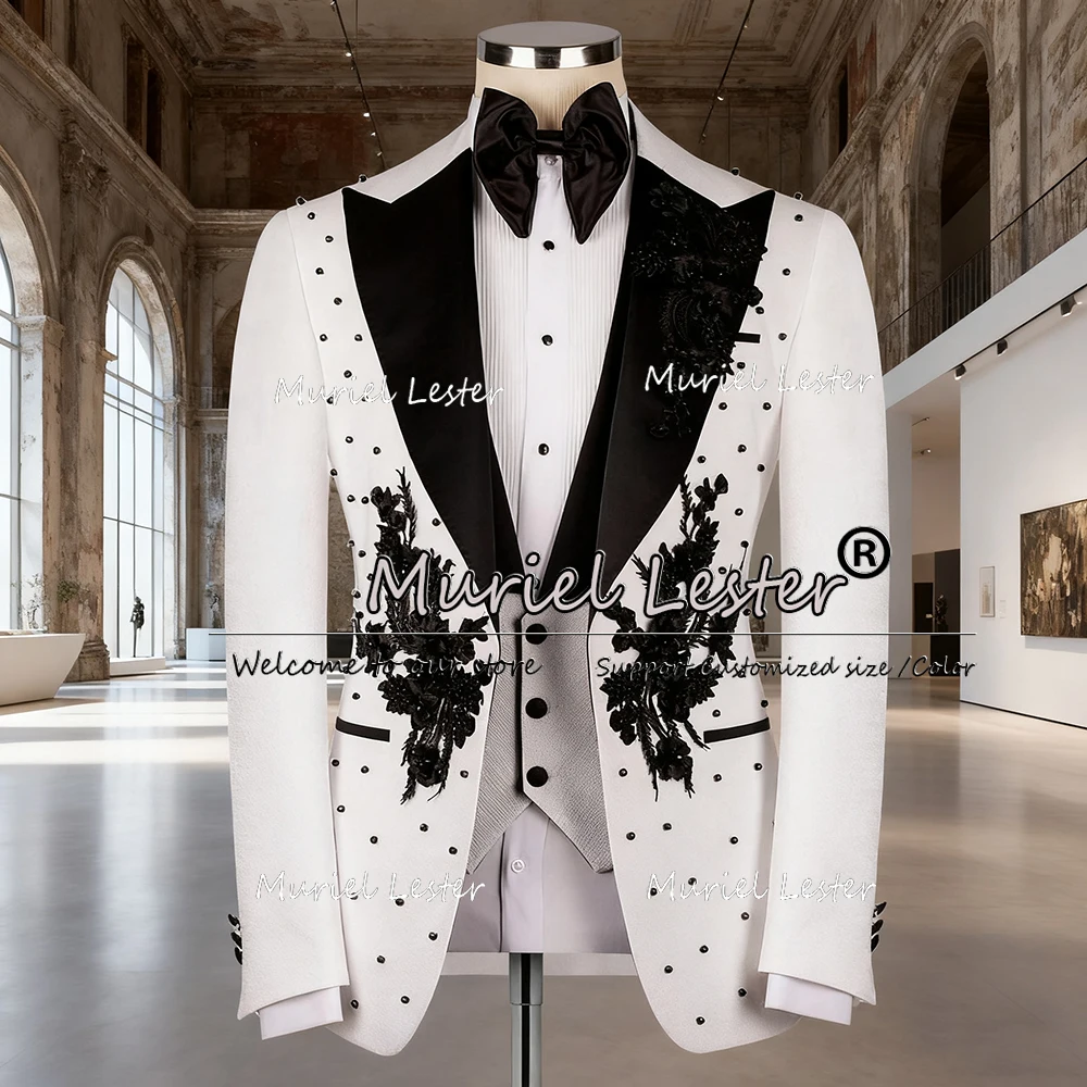 

Man Formal Party Groom Wedding Tuxedos Luxury Pearls Beaded Appliques Prom Blazer Customized 3 Pieces Man Formal Party Clothing