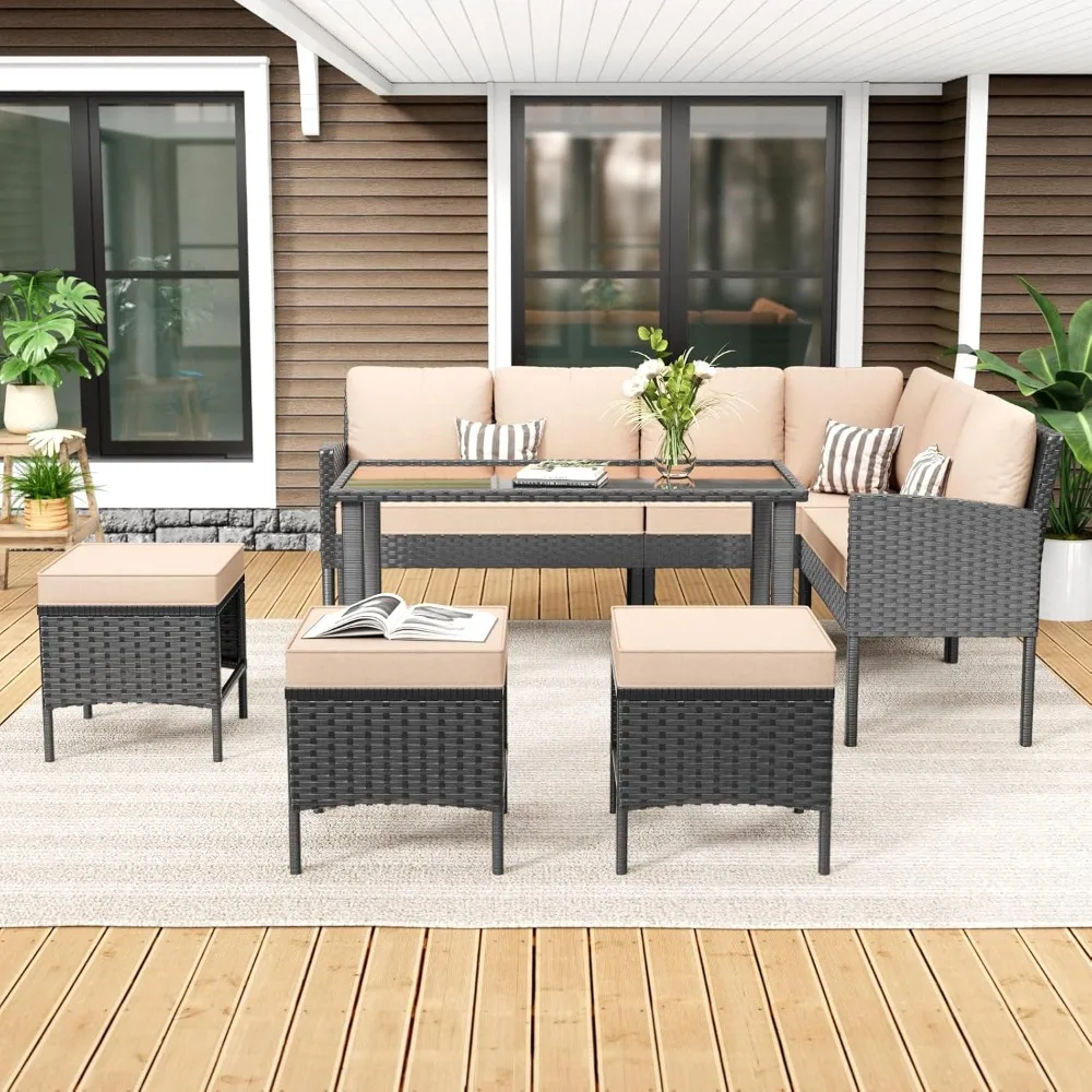 

7-Piece Patio Furniture Set with Cushions and Pillows, Outdoor Wicker Sectional Sofa with Long Glass Coffee Table,