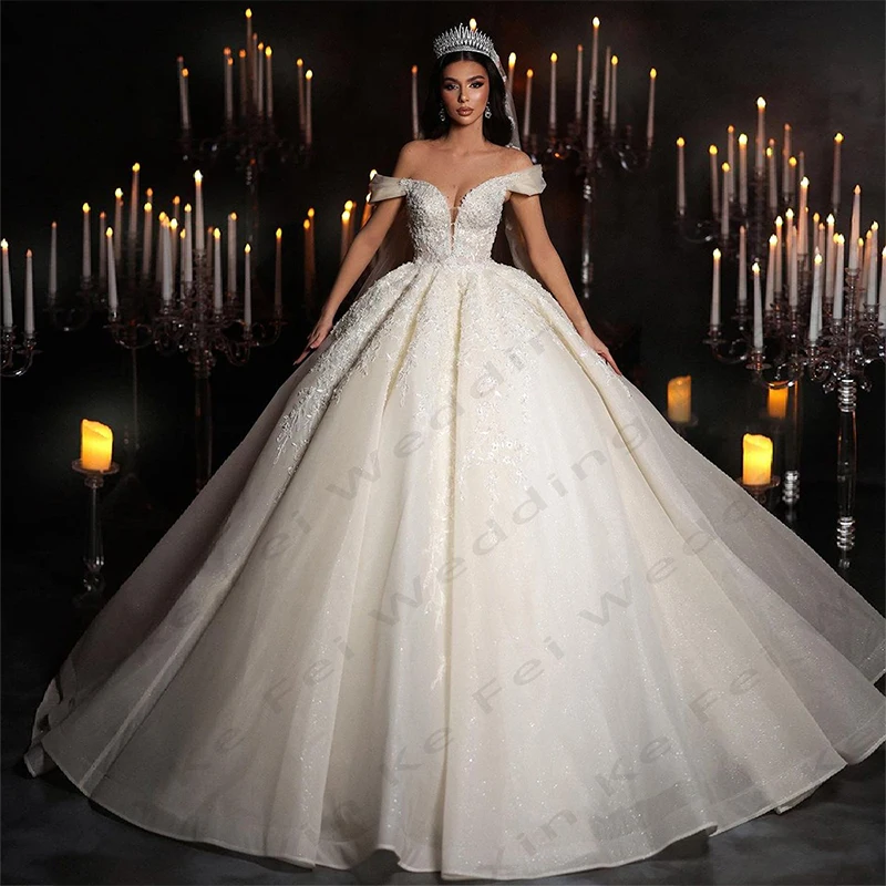 Vestidos de novia elegantes de sirena con Espalda descubierta, traje Sexy romántico con hombros descubiertos, Apliques de encaje exquisitos, estilo princesa esponjosa