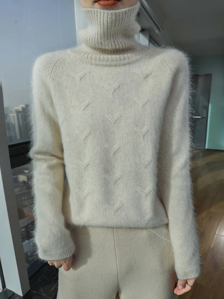 TLOML 新しい女性用 100% ミンクカシミヤセーター タートルネック ケーブルニット プルオーバー 厚手 カジュアル 秋冬 ソフトで暖かい 長袖トップス