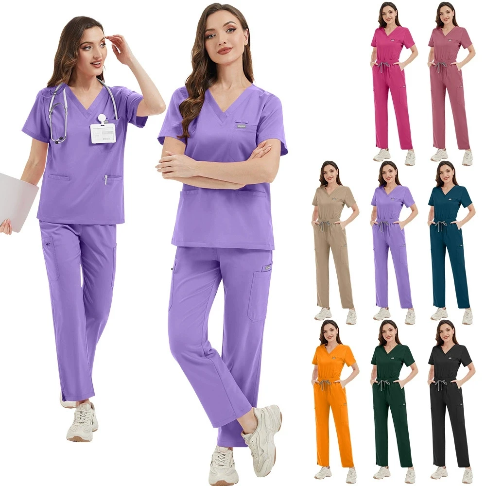 ensemble-uniforme-professionnel-pour-femmes-haut-et-pantalon-coupe-ajustee-col-en-v-zippe-manches-courtes-avec-poches-respirant-doux-uni-pour-le-travail-et-l'allaitement