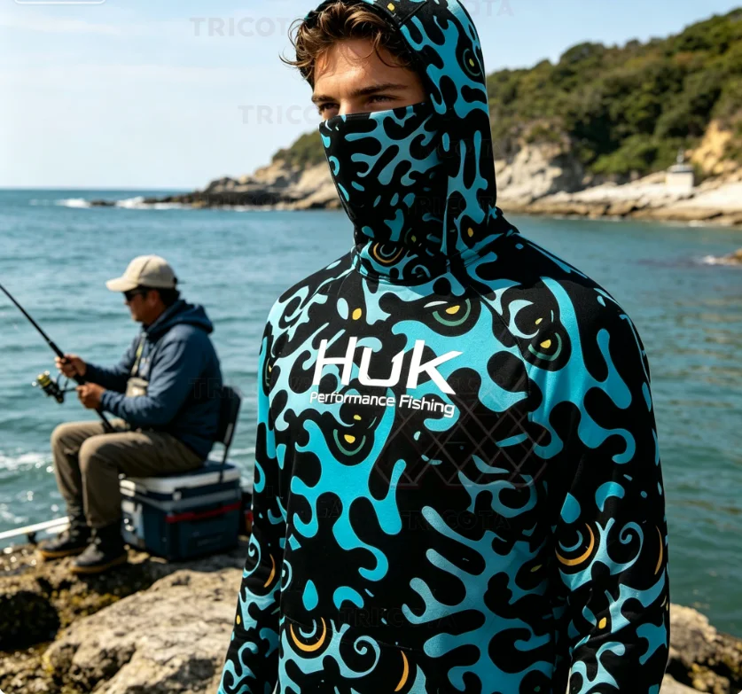 

HUK Fishing Shirts Mask Neck Hoodie Clothing Men Long Sleeve Fishing Clothes UV Protection Anti Mosquito Fishing Jersey