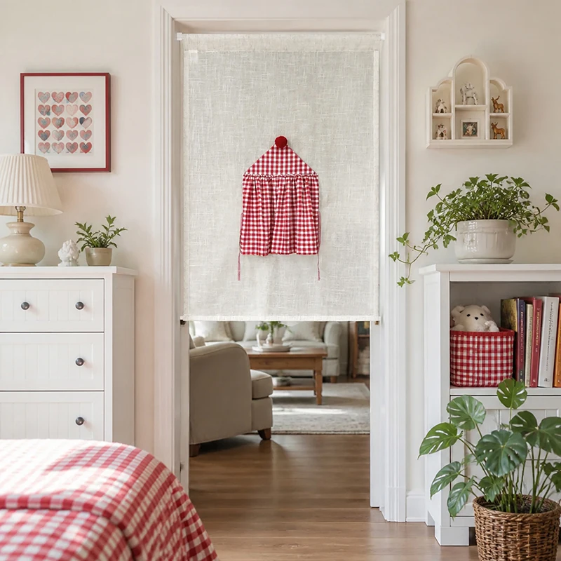 American Creative Red Grid House Hollow Tie Curtain Imitation Linen Semi Sheer Door Curtain For Kitchen Living Room Homestay
