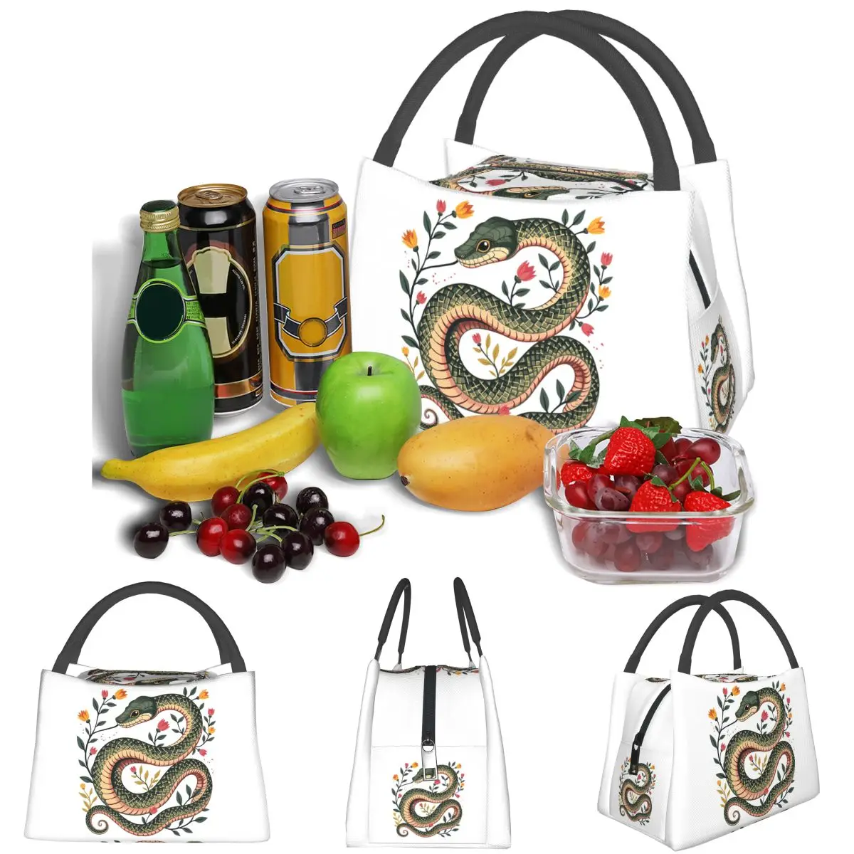 Botanical Serpent Nature Inspired Lightweight Handheld Insulated Lunch Bag Large Capacity for Adults Students Travel Picnic
