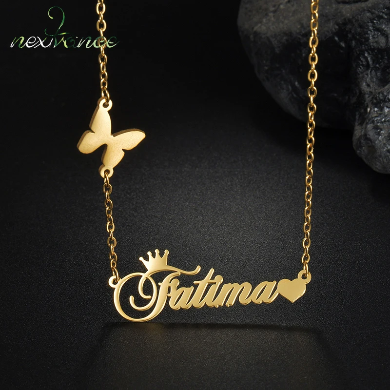 

Nextvance Customized Name Necklace Stainless Steel Butterfly Crown Heart Accessory Personalized Pendant For Women Jewelry Gift