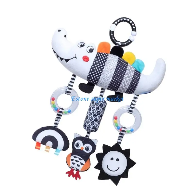 090B لعبة تنموية لحديثي الولادة من القطيفة الناعمة على شكل حيوان متنقل مع أنماط باللونين الأسود والأبيض لسلامة سرير عربة الأطفال #4