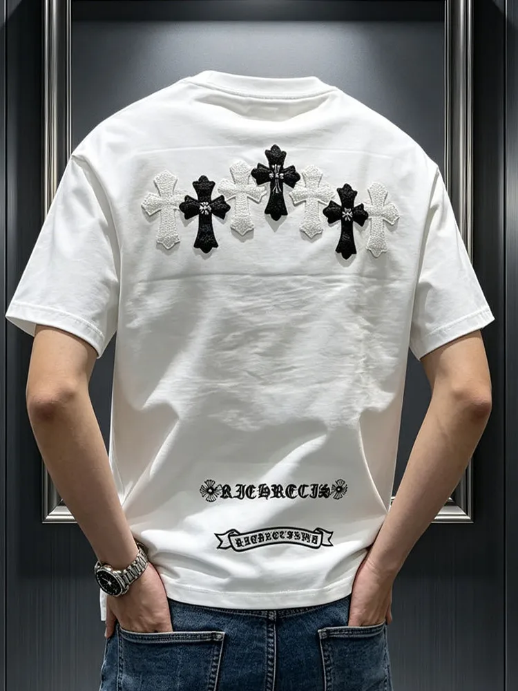 Trendy Cross Stitched Short Sleeve T-Shirt Men's Summer round Neck Loose Fit Versatile Top Breathable Non-iron Polyester Fiber