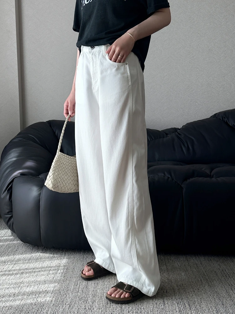

Льняные белые джинсовые брюки с высокой талией, широкими штанинами, повседневные, летние, новинка, слегка эластичные, длинные брюки для женщин