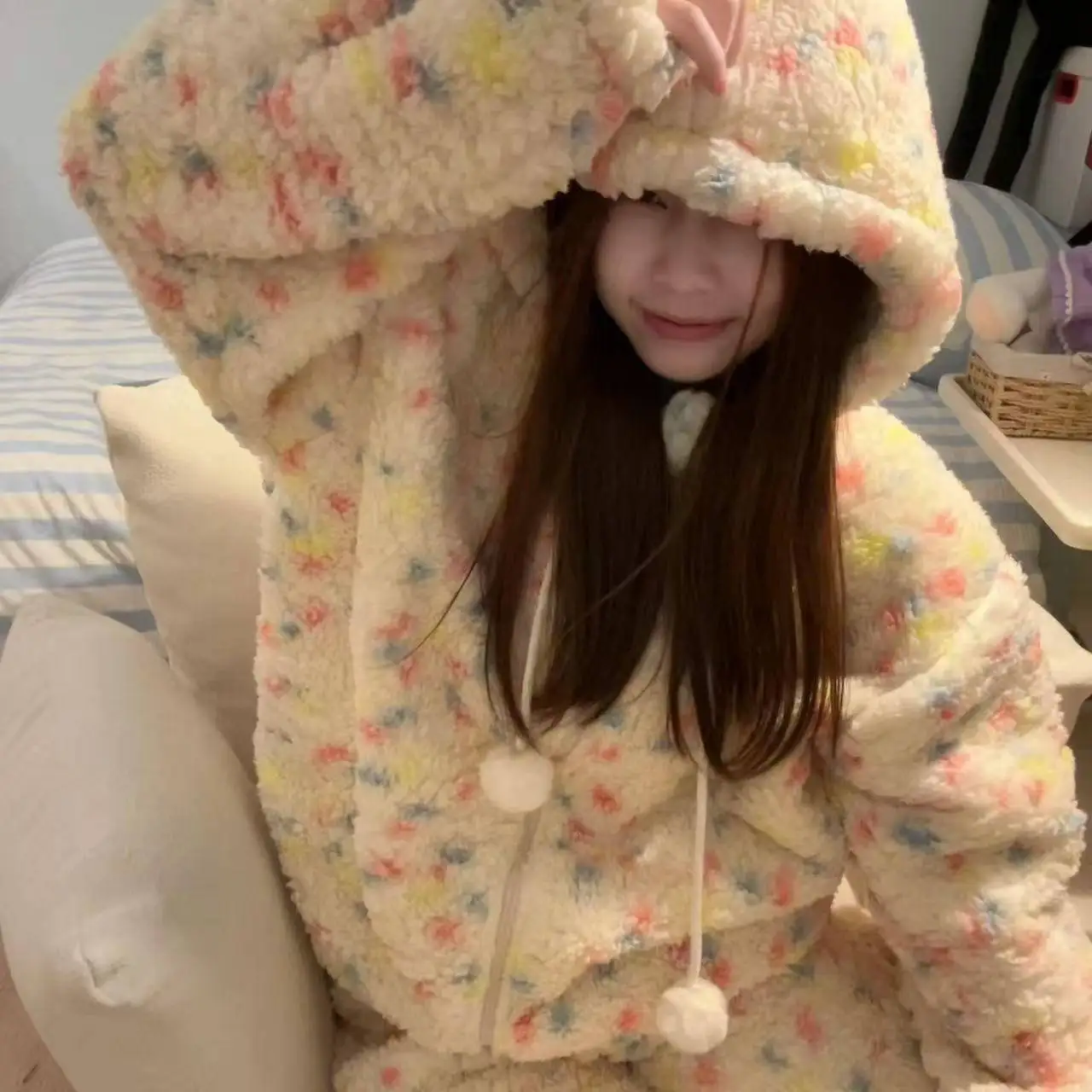 

Pajama Sets Embroidered Wedding Women Flannel Sleep Set Holiday Theme Long Sleeve Hooded Full Length Winter Heavyweight Plush OL