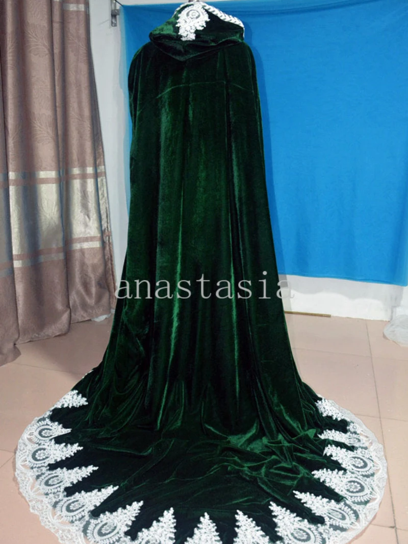 Dark green Velvet wedding coat with a hood lace appliques Bridal Cape Bolero Wrap wedding accessories Halloween Medieval