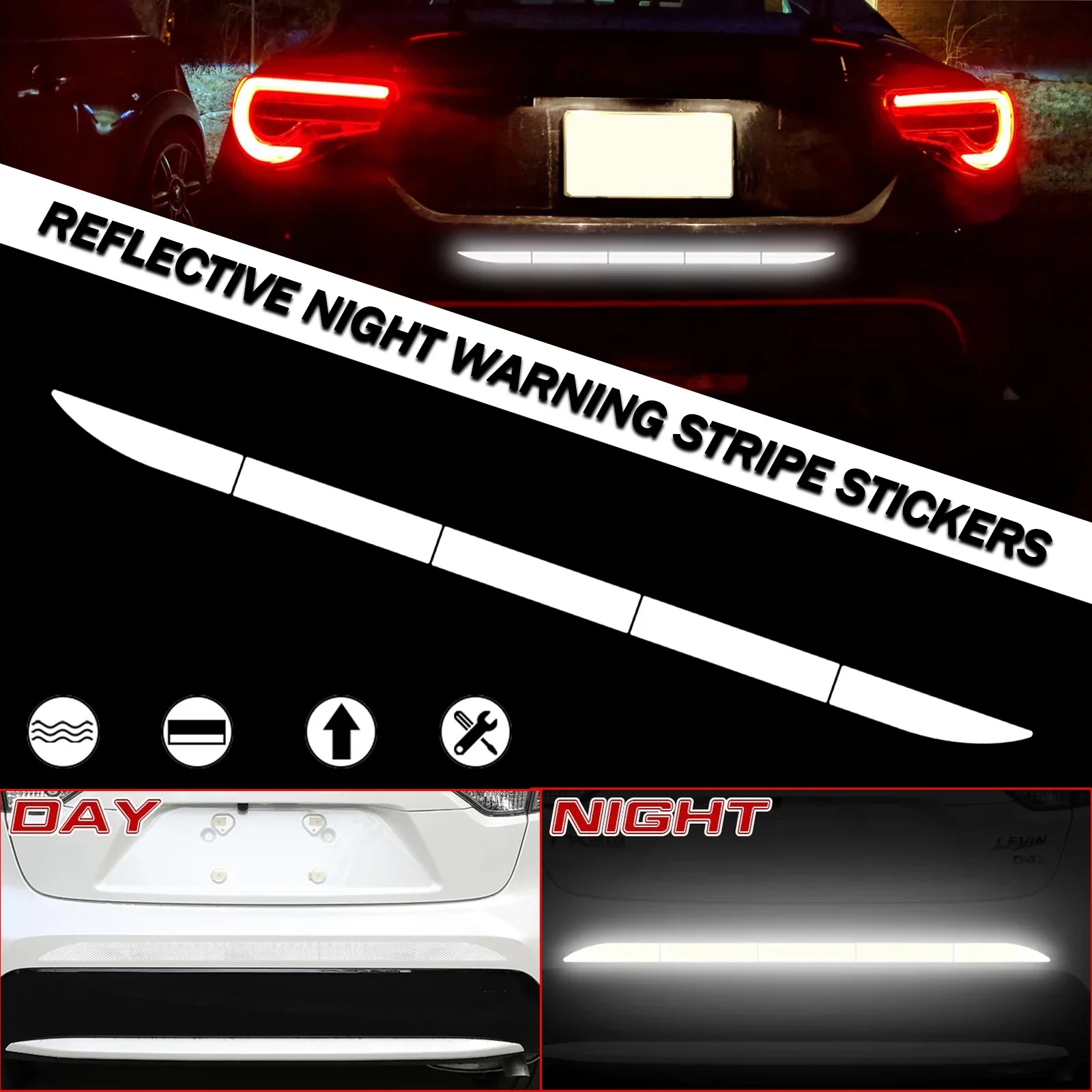 Rear Trunk Strong Reflective Night Warning Stripe Sticker WHITE Driving Visibility Safety Door Hood Fender Bumper Universal DIY