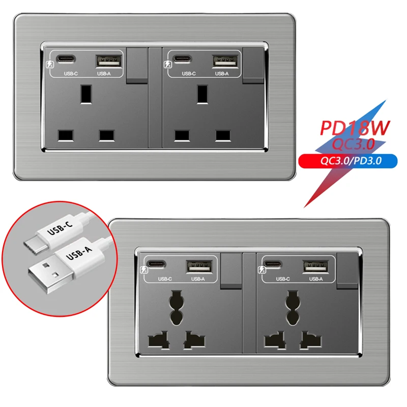 Luxury Brushed Stainless Steel Wall Light Switch, UK Standard USB Socket, Universal 5pin 18W Type-C Quick Charging Wall Outlet