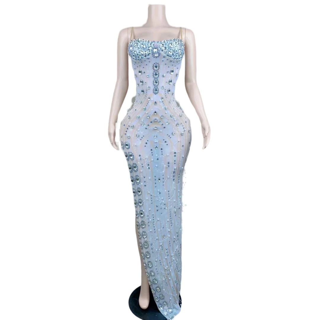 

Rhinestone Pearl Sexy Backless Singer Long Dress For Women Sparkly Party Birthday Queen Stage Performance Wear Drag Costume