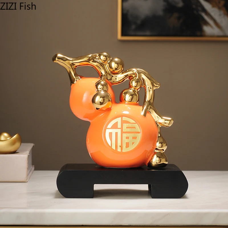 Golden Gourd Ceramic Statue Desk Decoration Ornaments Creative Porcelain Gourd Sculpture Modern Artwork Room Aesthetic Decor