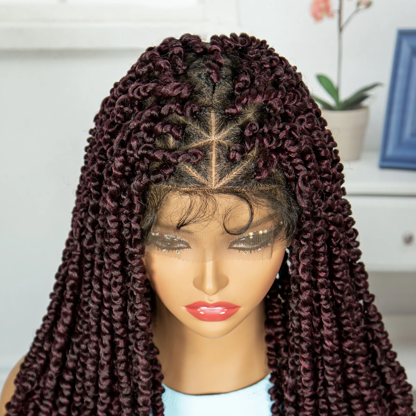 Peluca trenzada de encaje completo para mujeres negras, cabellera sintética de rastas de color burdeos, trenzada frontal, sin nudos