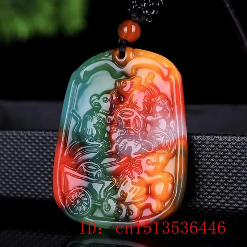 

Chinese Colorful Jade Five Rats Transport Wealth Pendant Necklace Charm Jewellery Fashion Hand-Carved Woman Amulet Sweater Chain