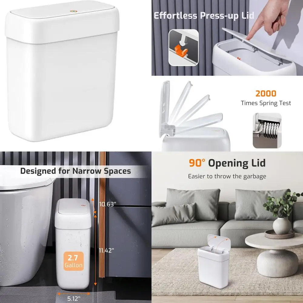 

Space-Saving 2.6 Gallon Plastic Trash Bin with Pop-Up Lid, Dog-Resistant, Ideal for Small Spaces in Home and Office, White