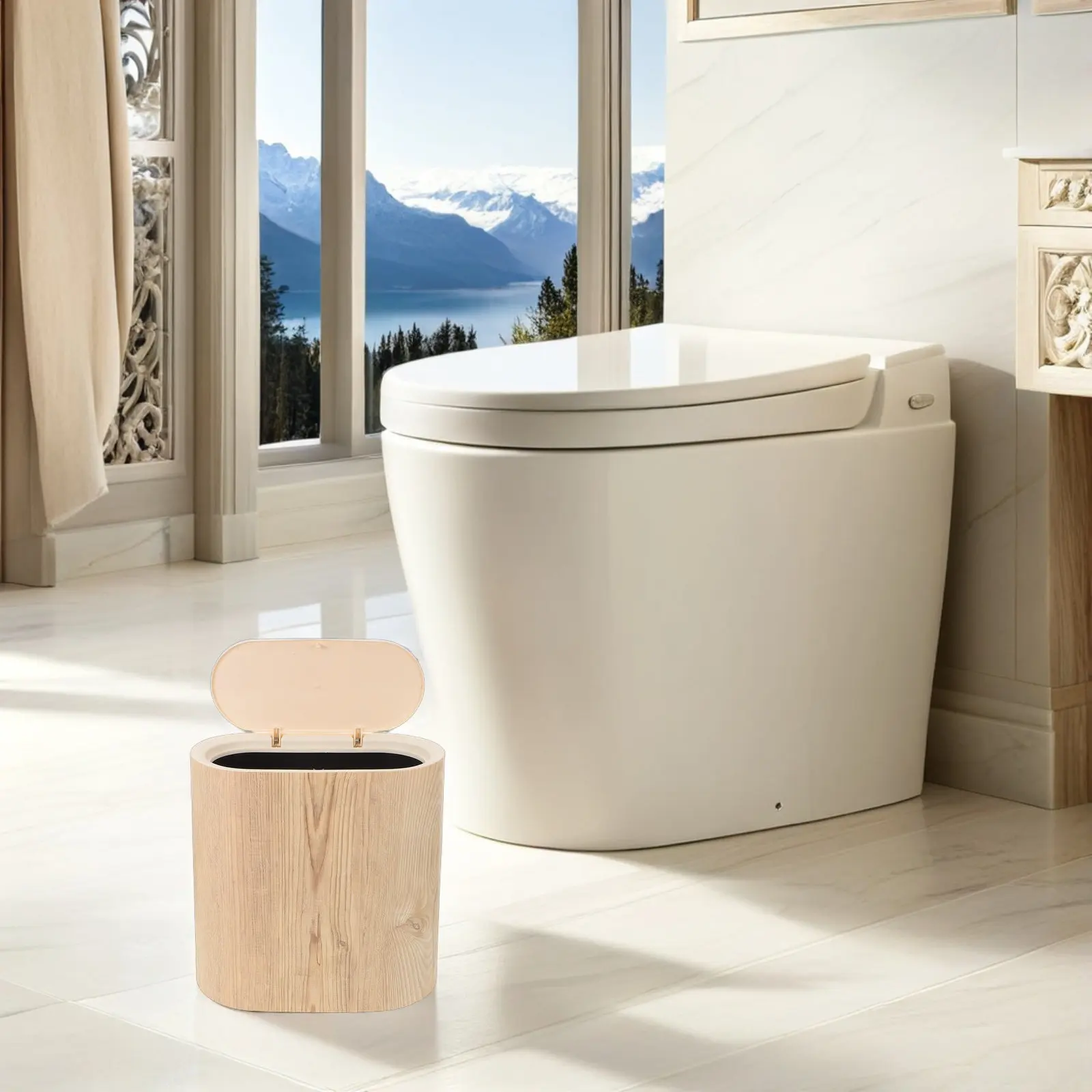 

Narrow Slim Bathroom Trash Can with Button Press Lid Large Capacity Sealed Cover for Small Kitchens Dorms Offices Modern Plastic