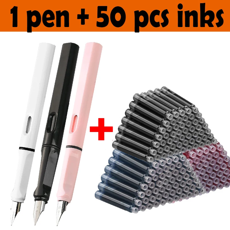 

51 PCS Fountain pen set 0.38 mm 1 pen and 50 refills School supplies Kawaii Korean Stationery Caligraphy pen for writing