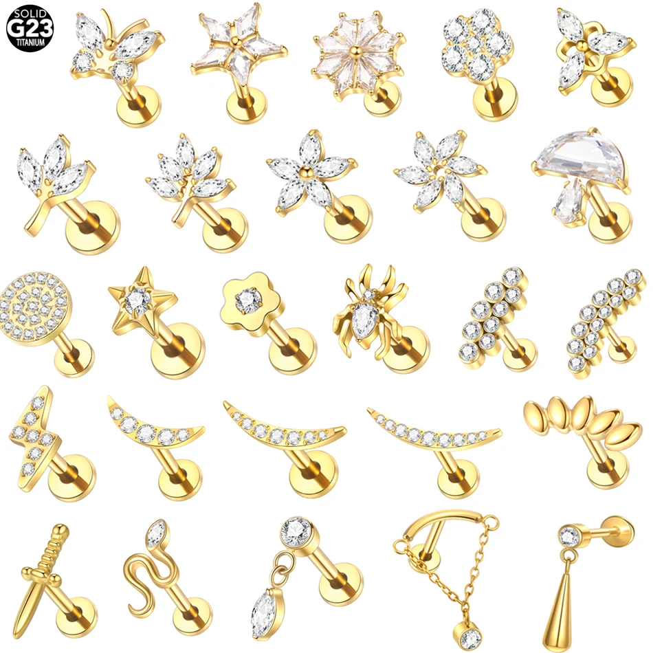 10Pcs/lot Titanium Flat Back Ear Stud Helix Piercing Labret Lip Monroe Tragus Piercing Cartilage Earring for Women Piercing 16G