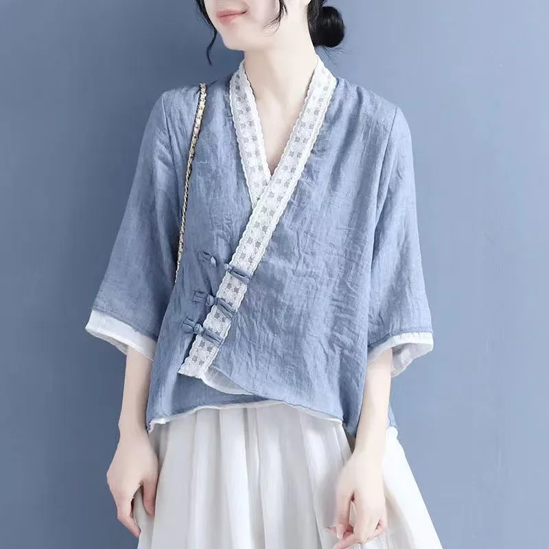 Fashion Woman Blouses 2024Linen Clothing Chinese Traditional Clothes For Women Vintage Top Female Chinoiserie Summer Tang Suit