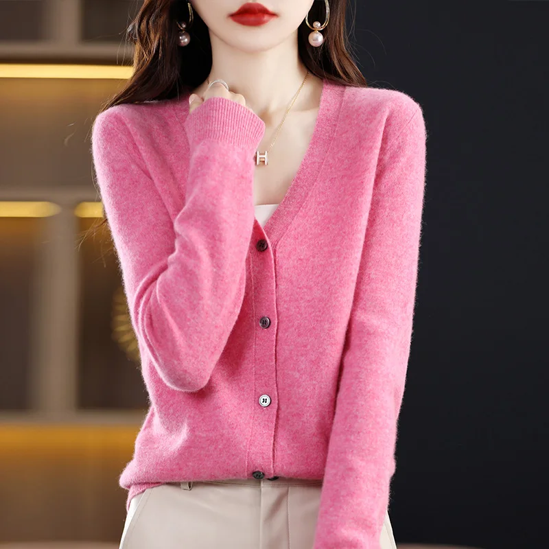 

2024 Spring Women V-neck Cardigan Sweater 100% Merino Wool Knitwear Solid Soft Basic Coat Preppy Style Korean Popular Clothes