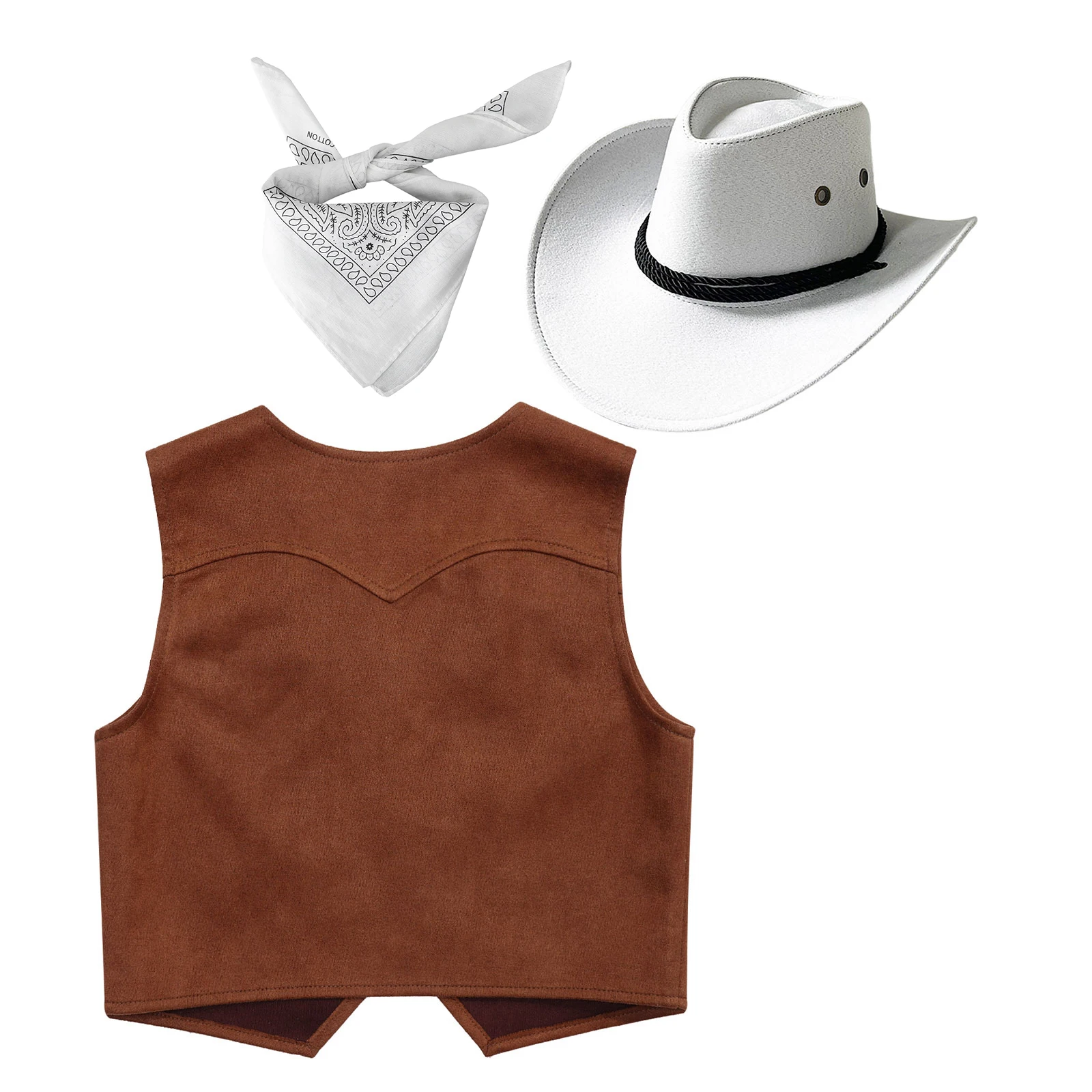 Kids Cowboy Cowgirl Cosplay Costumes For Boys Girls Brown Waistcoat Bandanna and Cowboy Hat Halloween Carnival Dress Up Outfit