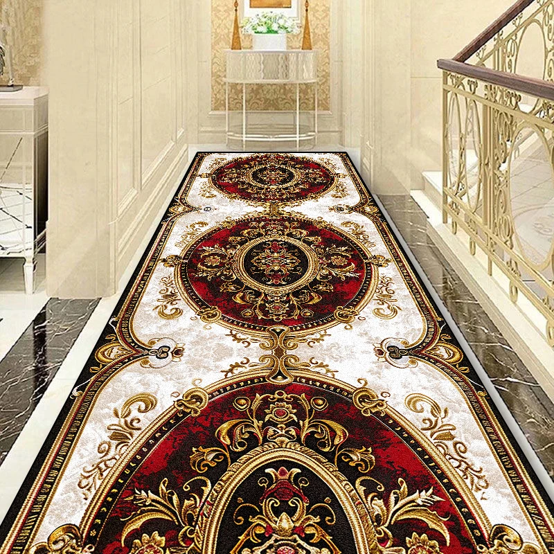 European Style Red Golden Aisle Carpet Luxury Hall Corridor Carpets Non-slip Stairway Decor Rugs Runner Kitchen Mat Customizable