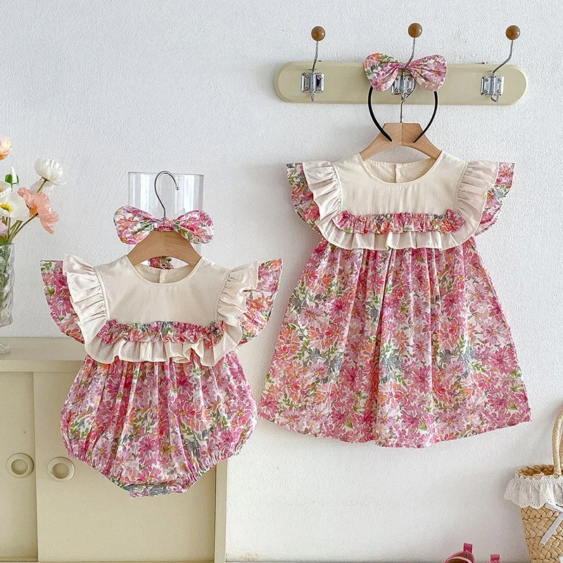 2026 New Summer Sister Clothing 2-7Yrs Girl Party Dress Flying Sleeve Cotton Printed Kids Princess Dresses Infant Baby Romper