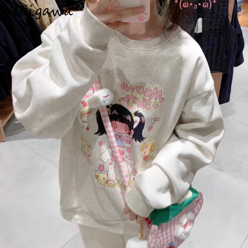 Fashion Korean Sweatshirts Women Clothing Long Sleeve O-neck Cartoon Print Oversized Y2k Tops 2024 Ropa Mujer Casual Y2k Hoodies