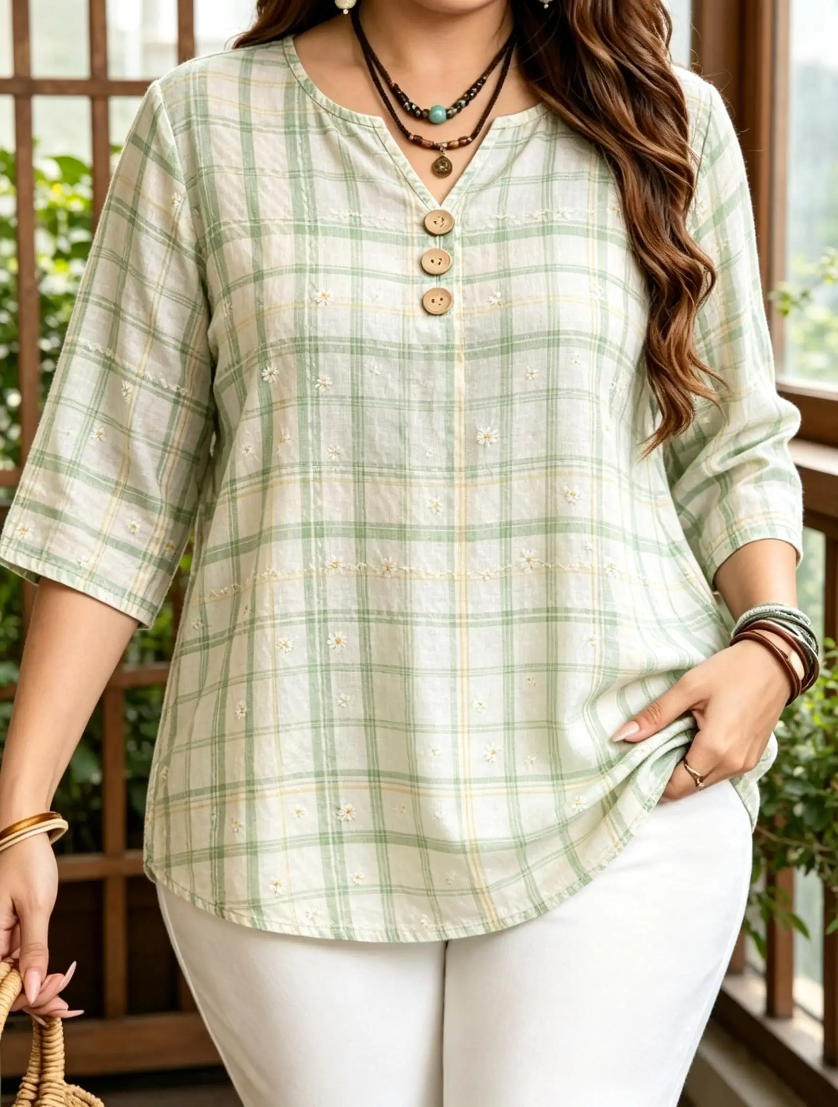 Plaid Floral Plus Size Blouses Solid Daisy Leaf Rose Maple Prints Notch Split V Neck 3 Buttons 3/4 Sleeve Loose Fall Tops