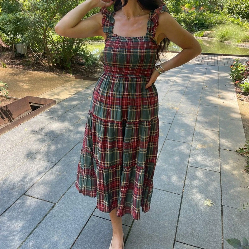 Combhasaki Donna Estate Senza Maniche Increspato Cinghie Larghe Smocked Collo Quadrato Backless A strati Flowy Swing Allentato A-line Abito Lungo