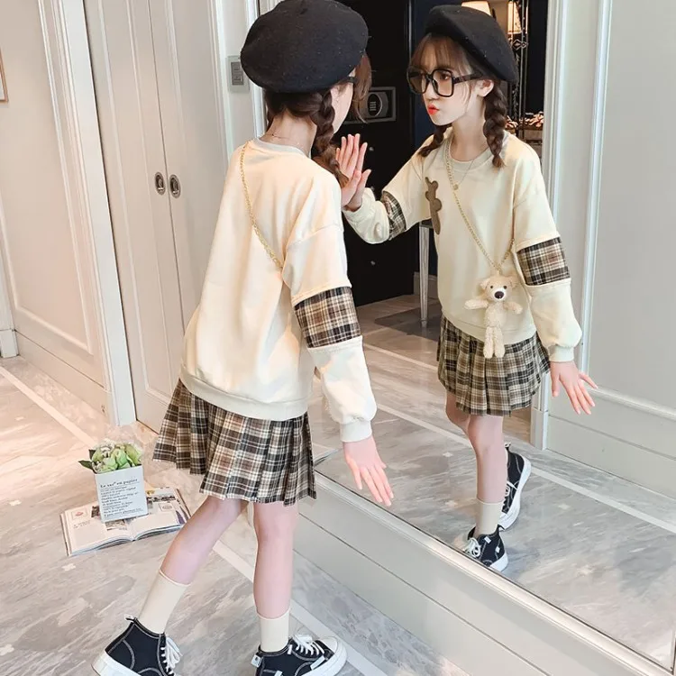 Children\'s Clothing Sets Bear Hoodie Plaid Pleated Skirt 2pcs Sets Kids Clothes Girls 4 To 13 Years Baby Girl Outfit Set